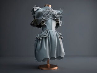 exquisite dress of sheen and velvet adorned with delicately embroidered ruffles and ribbons. AI generation.