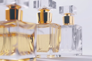Perfume bottles on a white background close-up. AI generative.