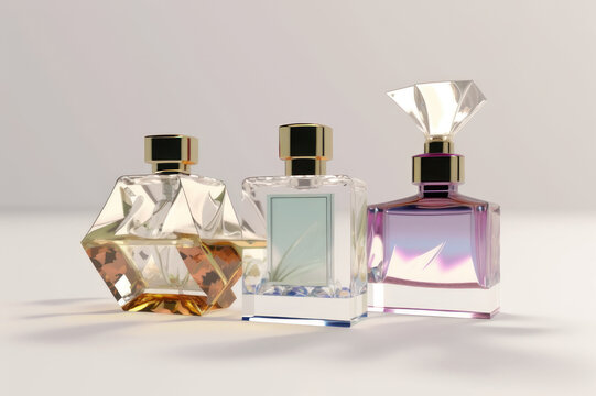 Beautiful perfume bottles on a white background. AI generative.