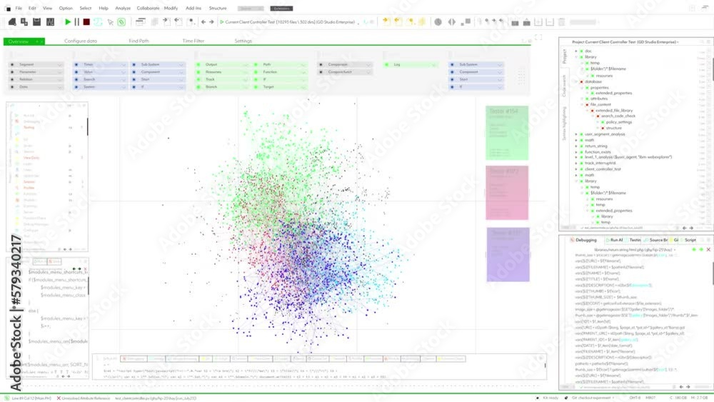 Fototapete Mock Up of Light Interface of Programming Software for Data Visualization Working on a Computer. Various Clusters of Connections Loading, Interchanging Data. Mock-up Template for Computer Displays.