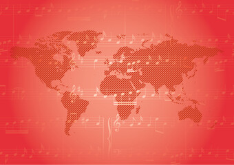 red vector background with music notes and striped world map