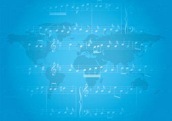 blue vector banner with music notes and striped world map - background with gradient