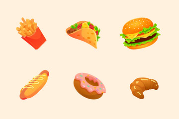 Fast food with burgers, french fries, donuts and more, vector illustration