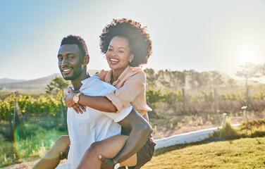 Black couple, piggy back or bonding in park, nature garden or sustainability environment in fun...