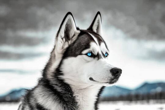 Purebred Beautiful blue eyed sled dog breed Siberian Husky, black and white coat coloration. Outside with a husky dog, a metaphor for pet ownership. Generative AI