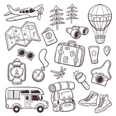 Explore and travel doodle collection. Wanderlust and outdoor activities concept. Cute collection of doodle isolated on white background. Vector illustration.