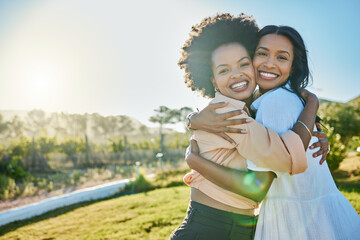 Nature park, hug and portrait of friends relax together on outdoor grass field for quality time, peace and freedom mockup. Sun lens flare, friendship reunion and African women bond in Jamaica mock up