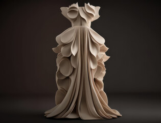 flowing chiffon gown with petal like ruffles sewn with scintillating brocade. AI generation.