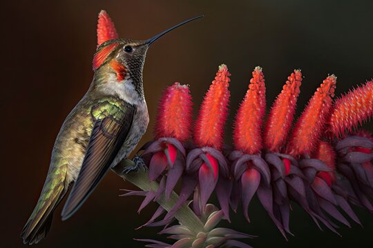 Nectar feeding Anna's Hummingbird on a red pineapple sage blossom. Natural scenic majesty. Generative AI