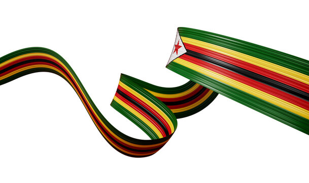 3d Flag Of Zimbabwe, Shiny Waving 3d Ribbon Flag With Star On White Background, 3d illustration