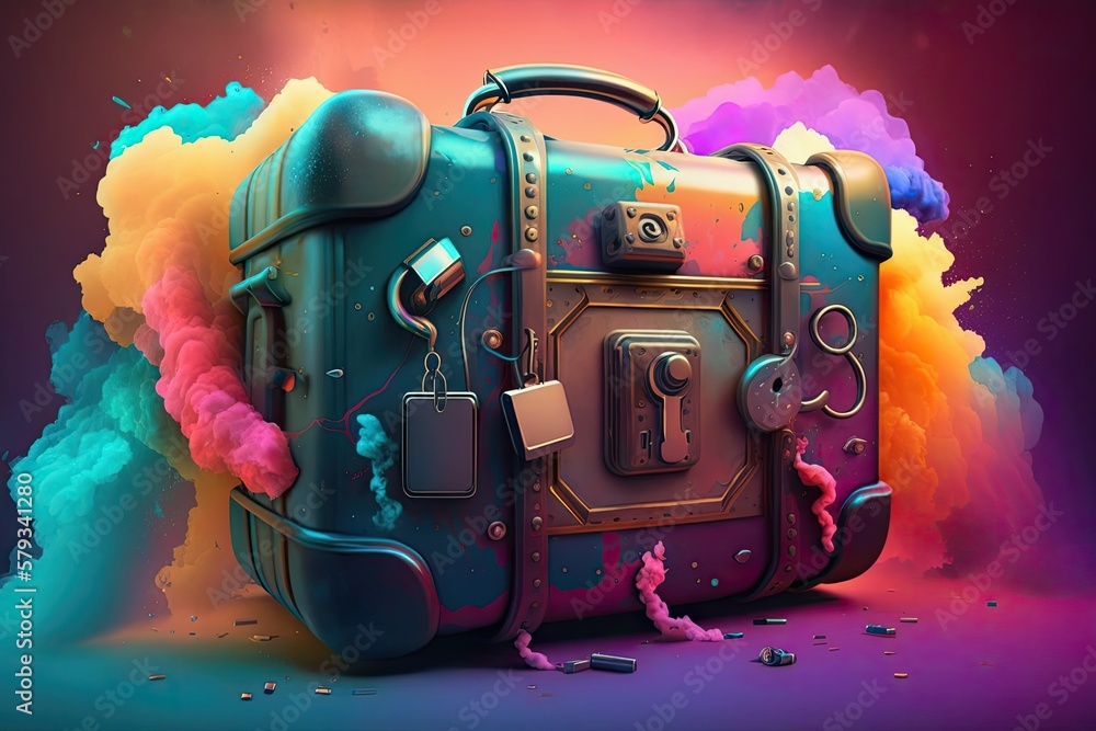 Poster in depth look at a locked suitcase on a colorful background. generative ai