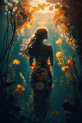 Back view of a girl in a dress under water. Generative AI