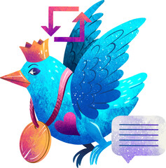 Drawing of a blue bird messenger sign retweet message communication medal