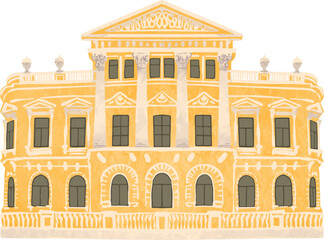 Drawing a building in the old classical style with columns pilasters and a portico in a naive simple style