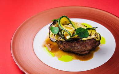 Barbecue dry aged wagyu fillet steak with grilled zucchini