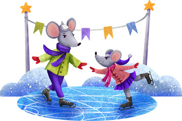 Drawing for children two mice dad and daughter skating on ice, holiday everything is decorated with flags the family is resting