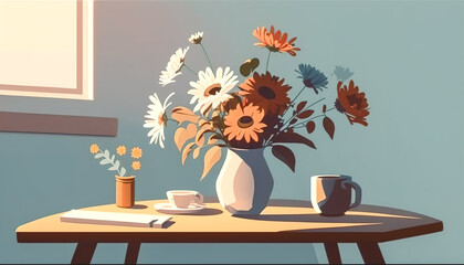 Still life with spring flowers in a vase, generative AI.