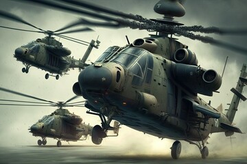 Fototapeta na wymiar Arrangement of Military Helicopters. Generative AI