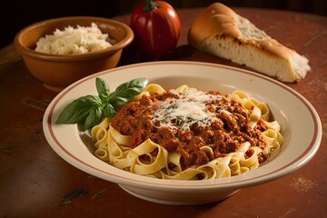 Bolognese sauce over pasta. Common meal served in Italy. Generative AI
