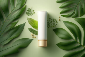 mockup. Tube for cosmetics and leaves on a green background. AI generative.