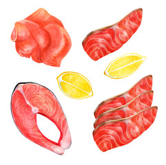 Set of salmon pieces on a white background. Watercolor illustration