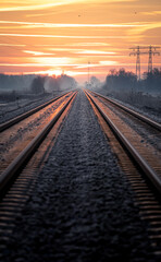 Empty railway track during a colourful, winters dawn.