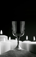 Fantastic metal chalice surrounded by candles on sand, text space, photograph in Black and White