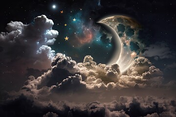 Obraz na płótnie Canvas Clouds, the Moon, and the Stars as a Background. Generative AI
