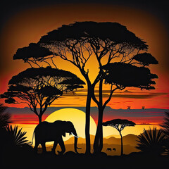 African landscape with the silhouette of an elephant at sunset. Earth´s day concept. Generative AI