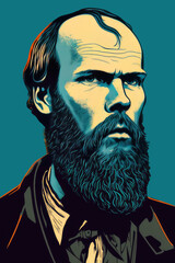 Portrait of Dostoevsky, illustration, created with Generative AI technology.