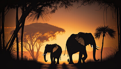 Fototapeta na wymiar African landscape with the silhouette of two elephants at sunset. Earth´s day concept. Generative AI