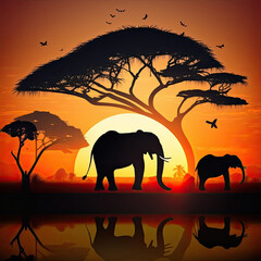 Fototapeta na wymiar African landscape with the silhouette of two elephants at sunset. Earth´s day concept. Generative AI