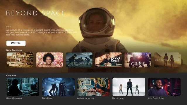 Interface of Streaming Service Website. Online Subscription Offers TV Shows, Realities, and Fiction Films. Screen Replacement for Desktop PC and Laptops With Featured Science Fiction Television Show.