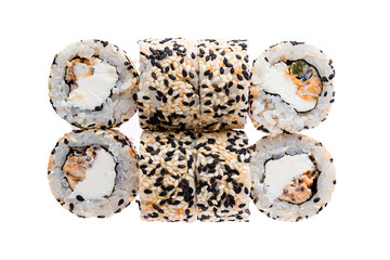Set of sushi rolls with tuna, cream cheese in sesame seeds isolated on white.