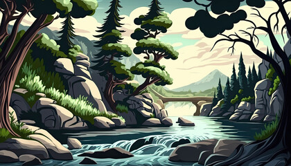 Fototapeta premium Beautiful landscape in the mountain with a river and many vegetation. Generative AI
