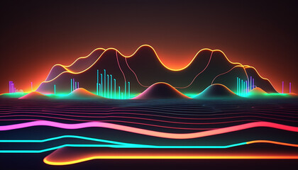 Aleatory wave lines with neon colors. Generative AI. 