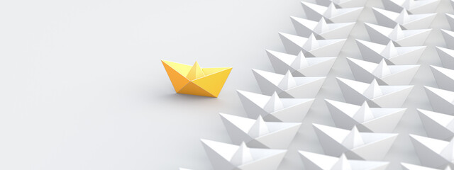 Leadership concept, yellow leader boat, standing out from the crowd of white boats. 3D Rendering - obrazy, fototapety, plakaty