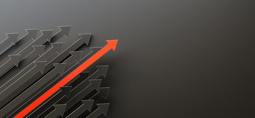 Leadership concept, red leader arrow leading black arrows, on black background with empty copy space on right side. 3D Rendering