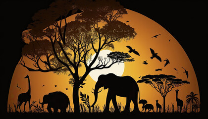 African landscape with the silhouette of many animals at sunset. Generative AI