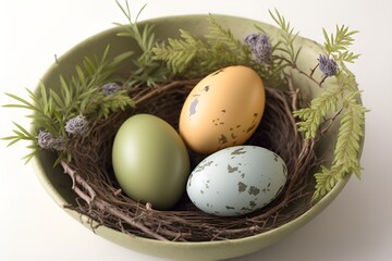 Easter eggs in natural nest. Green buds spring brunches traditional Easter decoration holiday. Wooden ceramic still life organic eco trenc natural painting rustic style