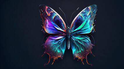 vivid abstract butterfly with very colorful wings on dark gray background, generative AI