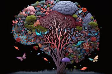 Human brain tree with flowers, self care and mental health concept, positive thinking. Earth's Day. Generative AI
