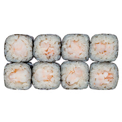 Set of Japanese maki sushi rolls with shrimp, rice, nori, isolated on white.