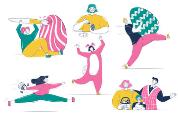 set of people celebrating Easter in a rabbit costume, with eggs, decorate eggs, in dynamic poses. Easter characters set for festival and fair