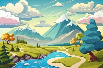Obraz na płótnie Canvas Sky, clouds, mountains, and a river make up the baby's vivid background. Illustration for a kid's book, drawn. Crafting a card, postcard, wall mural, or photo wallpaper design. Generative AI