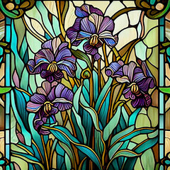 Irises in Art Nouveau style. Imitation of an old stained glass window