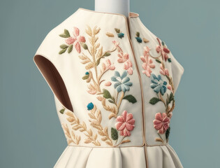 Delicately stitched embroidery adorning pleated chintz. AI generation.