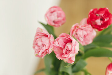 Stylish beautiful tulips bouquet in vase on wooden table in rustic room. Floral festive arrangement in farmhouse. Spring flowers composition. Happy mothers day and womens