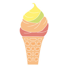 Delicious ice cream with colorful layers and different flavors in a waffle cup. Hand Drawn. Freehand drawing. Sketch.	
