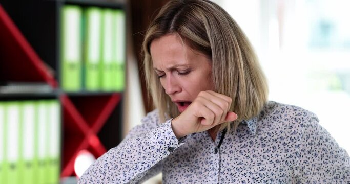 Portrait of sick woman coughing heavily concept